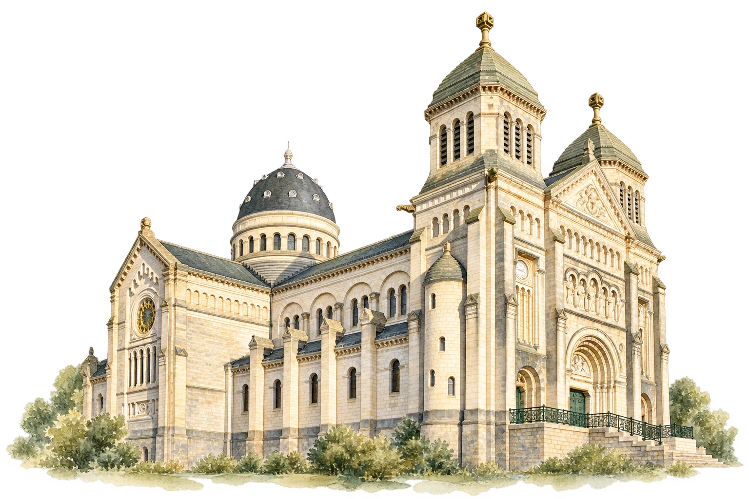 Aquarelle de la Basilique Saint-Ferjeux, d’après une photographie du lieu
