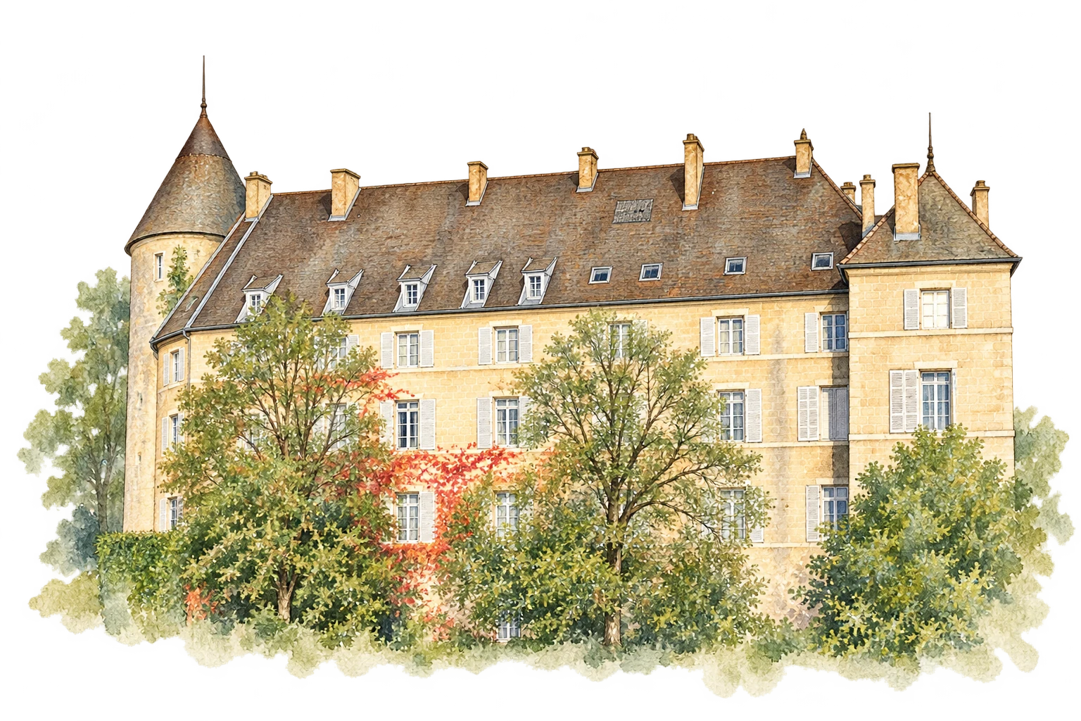 Aquarelle du Château de Frasne, d’après une photographie du lieu