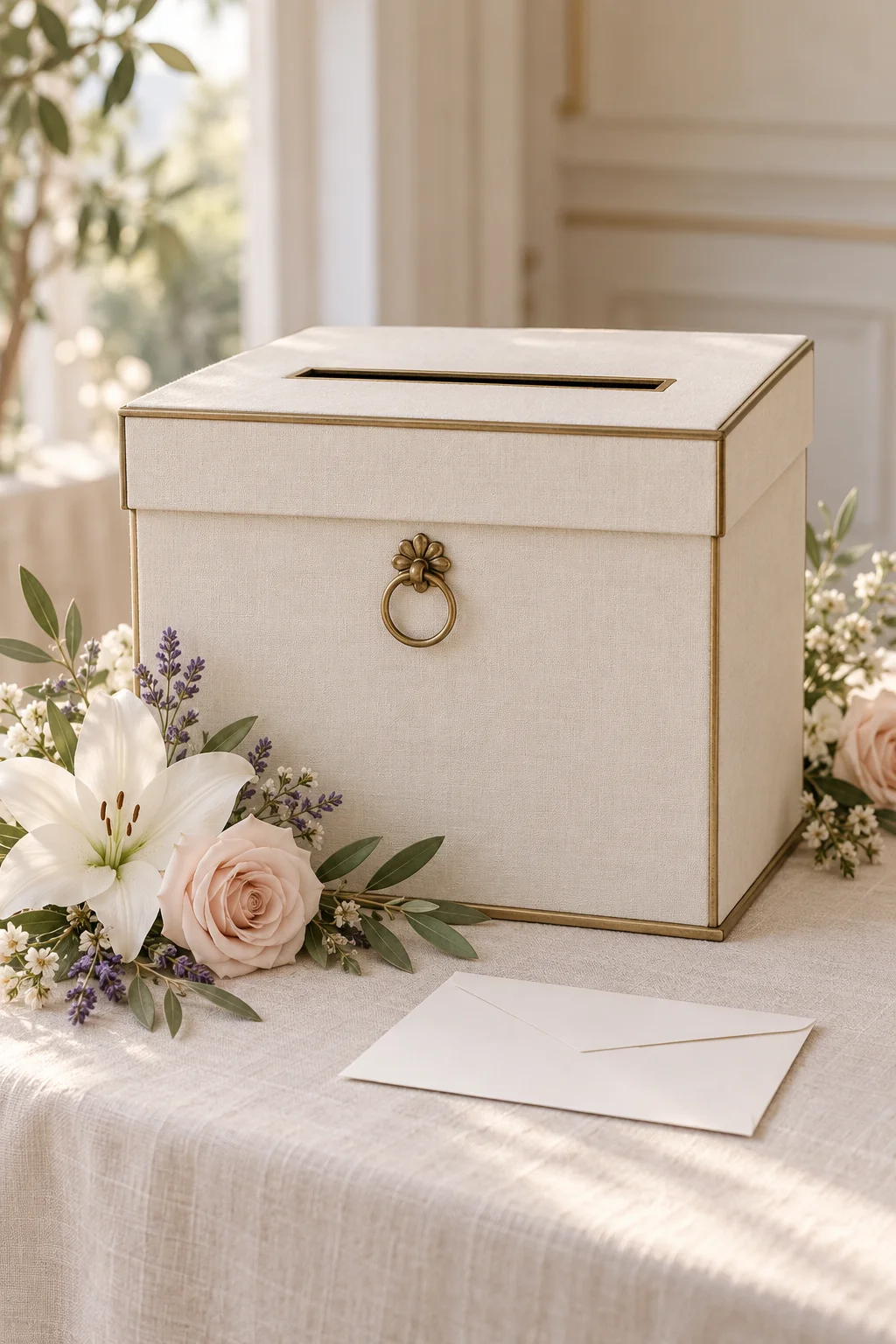 Une urne de mariage ivoire sur une table, entourée d’un lys blanc, d’une rose pâle et de lavande